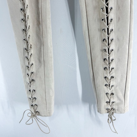 Manière De Voir Beige Faux Suede Lace Up Front Eyelet High Rise Leggings Pants - Picture 4 of 7